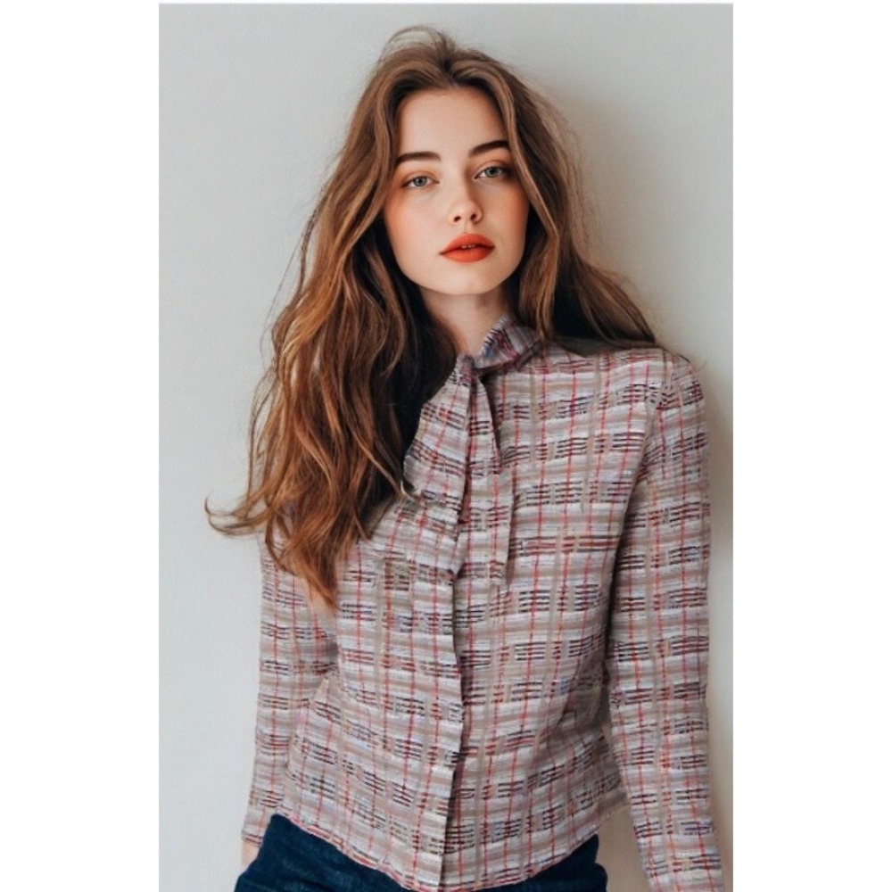 Vintage 60s-70s Print Blouse Bow Front Long Sleeve Montgomery Ward Size Small